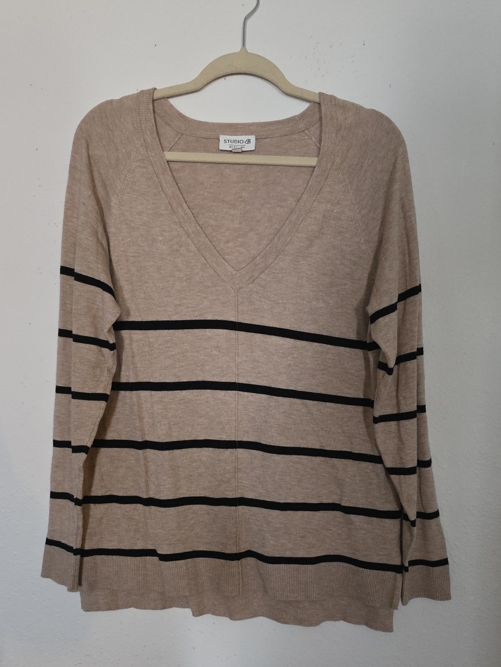 Studio B Beige V-Neck Sweater with Black Stripes